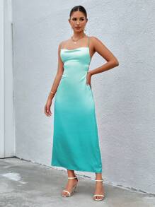 GENKIRA Solid Satin Cami Dress - Blue - View 5