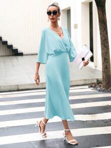 GENKIRA Surplice cổ Tay áo loe Đầm - Màu xanh nhạt - Xem 6