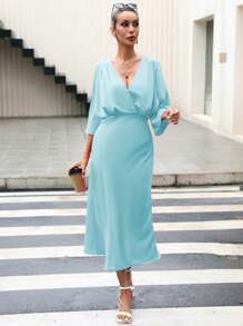 GENKIRA Surplice cổ Tay áo loe Đầm - Màu xanh nhạt - Xem 5