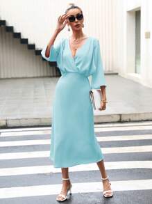 GENKIRA Surplice cổ Tay áo loe Đầm - Màu xanh nhạt - Xem 3