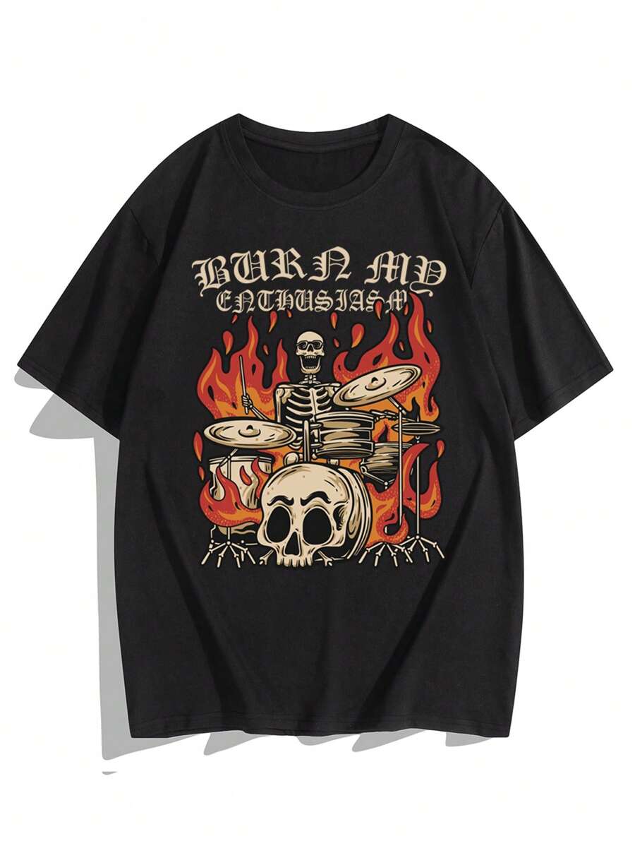 Manfinity EZcore 男士骷髏&標語圖案T恤 - 黑色 - 查看 1