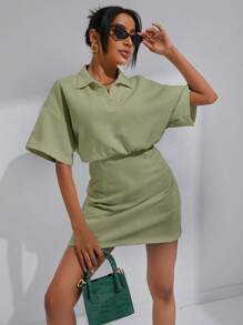 SHEIN EZwear Solid Drop Shoulder Dress - Green - View 1