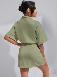 SHEIN EZwear Solid Drop Shoulder Dress - Green - View 2