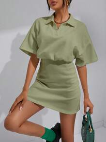 SHEIN EZwear Solid Drop Shoulder Dress - Green - View 4