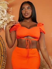 Slaydiva Sweetheart Neck Puff Sleeve Knot Front Crop Top - Orange - View 3