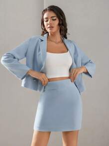 SHEIN BIZwear 素色西裝領西裝外套和裙子工作服 - 淺藍色 - 查看 1