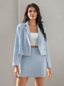 SHEIN BIZwear 素色西裝領西裝外套和裙子工作服 - 淺藍色 - 查看 5