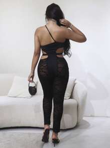 Cắt ra Ca-vát Backless Lưới Áo liền quần Dây thắt cổ - màu đen - Xem 2