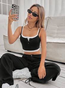 SHEIN EZwear 前紐扣二合一吊帶短上衣 - 黑與白 - 查看 1