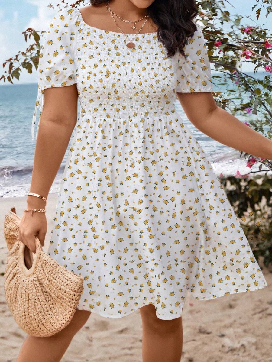 SHEIN Clasi 大碼碎花泡泡袖連衣裙 - 黃色 - 查看 1