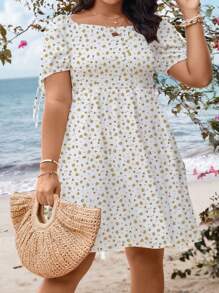 SHEIN Clasi 大碼碎花泡泡袖連衣裙 - 黃色 - 查看 4