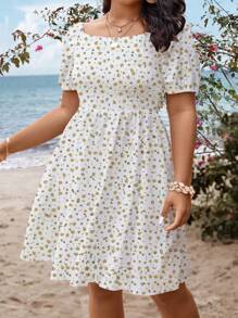 SHEIN Clasi 大碼碎花泡泡袖連衣裙 - 黃色 - 查看 5