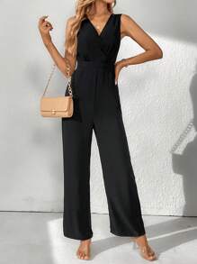 SHEIN Tall 素色V領無袖連身褲 - 黑色 - 查看 4