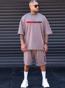 Manfinity Homme Men Plus Letter Graphic Drop Shoulder Tee & Shorts - Dusty Pink - View 1