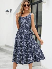 Allover Print Belted Dress - Blue and White - View 1