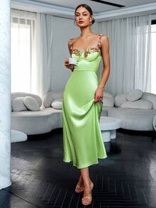 Glamaker Floral Embroidery Appliques Detail Satin Cami Dress