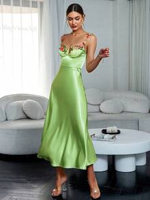 Glamaker Floral Embroidery Appliques Detail Satin Cami Dress