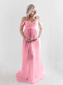 JustVH Vestido de maternidad de hombros descubiertos con envolvente y bajo con abertura para sesiones fotográficas de maternidad - Rosa - Ver 3