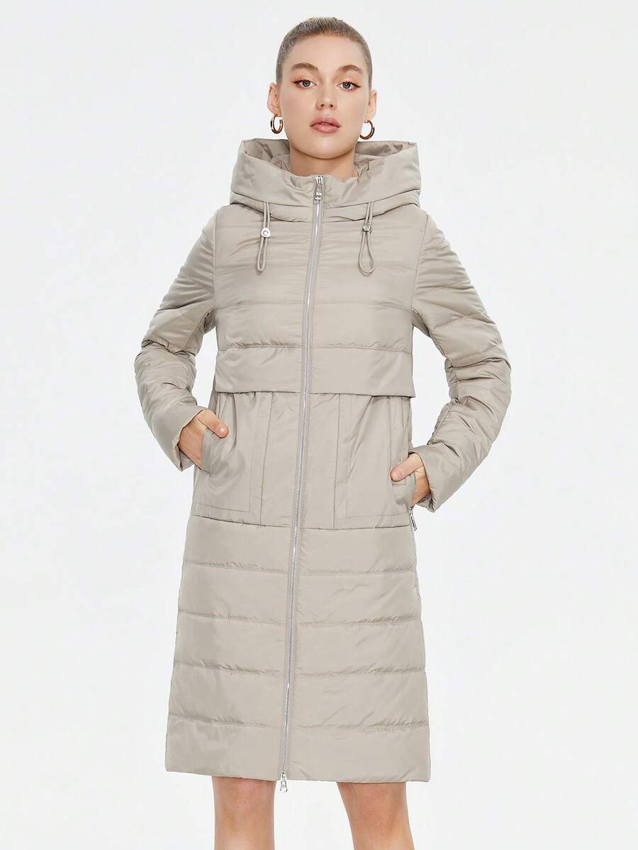 MIEGOFCE 拉链抽绳连帽夹棉大衣 - 米色 - 查看 1