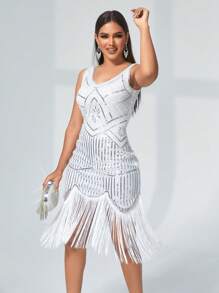 Rave Festival Valentine's Day Sparkling Sequin Fringe Hem Latin Dance Party Bodycon Fancy Dress - White - View 1
