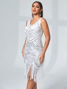 Rave Festival Valentine's Day Sparkling Sequin Fringe Hem Latin Dance Party Bodycon Fancy Dress - White - View 5