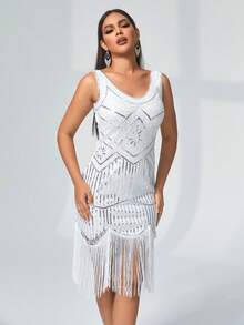 Rave Festival Valentine's Day Sparkling Sequin Fringe Hem Latin Dance Party Bodycon Fancy Dress - White - View 6