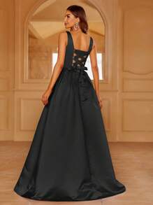 Faeriesty Women Elegant Elegant Satin Square-Neck Tie-Dress With Dramatic Floor-Length Hem | Luxurious Evening Look For Galas, Weddings Or Red Carpet Events,Summer Holiday Outfits