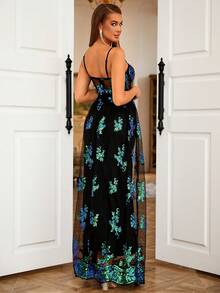 LOVE&LEMONADE 花卉亮片网眼覆盖吊带裙派对礼服优雅正式晚会舞会婚礼宾客礼服，适合毕业典礼、晚宴 - 綠色 - 查看 2