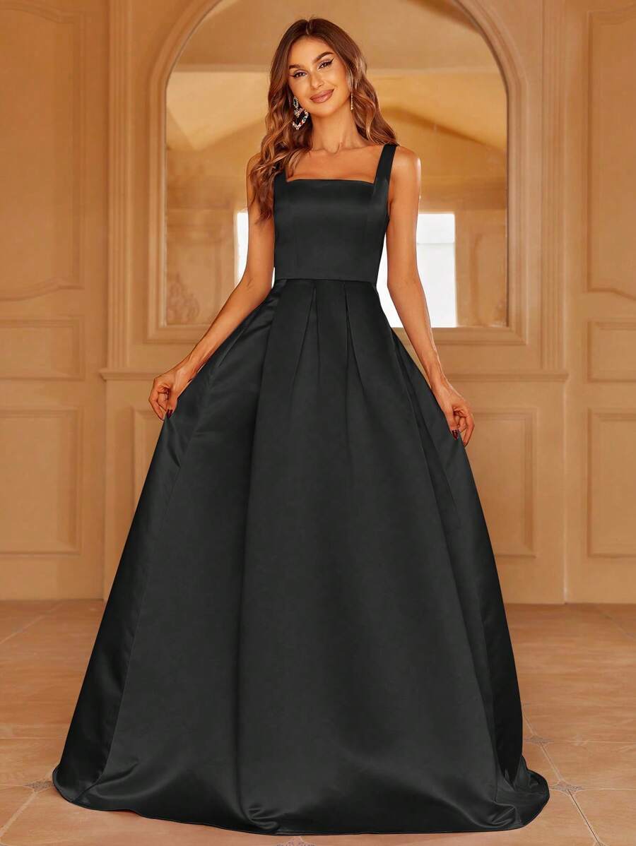Faeriesty Women Elegant Elegant Satin Square-Neck Tie-Dress With Dramatic Floor-Length Hem | Luxurious Evening Look For Galas, Weddings Or Red Carpet Events,Summer Holiday Outfits