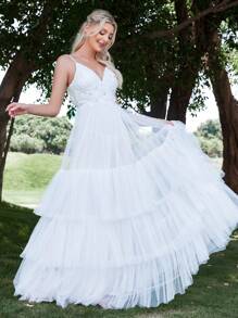 Floral Embroidery Mesh Cami Wedding Dress Without Veil - White - View 3