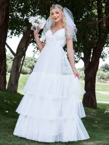 Floral Embroidery Mesh Cami Wedding Dress Without Veil - White - View 4