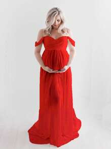 JustVH Maternity Off Shoulder Split Hem Dress For Maternity Photoshoot Spring - Red - View 3