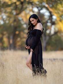 孕妇纯色开衩长袖连衣裙，适合孕妇拍摄