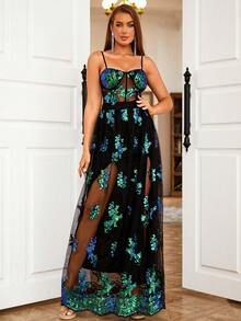 LOVE&LEMONADE 花卉亮片网眼覆盖吊带裙派对礼服优雅正式晚会舞会婚礼宾客礼服，适合毕业典礼、晚宴 - 綠色 - 查看 7