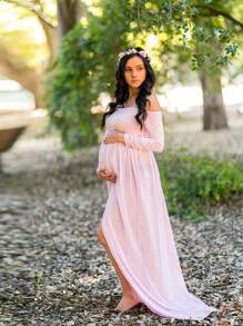 Maternity Off Shoulder Split Thigh Dress With Long Sleeve For Maternity Photoshoot