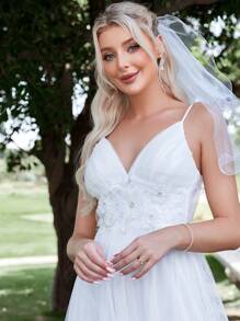 Floral Embroidery Mesh Cami Wedding Dress Without Veil - White - View 6