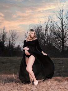 孕妇纯色开衩长袖连衣裙，适合孕妇拍摄