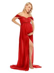 JustVH Maternity Off Shoulder Split Hem Dress For Maternity Photoshoot Spring - Red - View 5