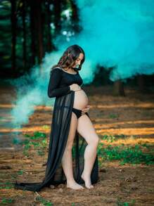 孕妇纯色开衩长袖连衣裙，适合孕妇拍摄