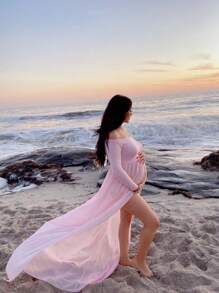Maternity Off Shoulder Split Thigh Dress With Long Sleeve For Maternity Photoshoot