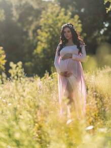 Maternity Off Shoulder Split Thigh Dress With Long Sleeve For Maternity Photoshoot