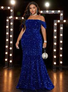 Dress Ukuran Plus Zip Plain Pesta - Biru - View 6
