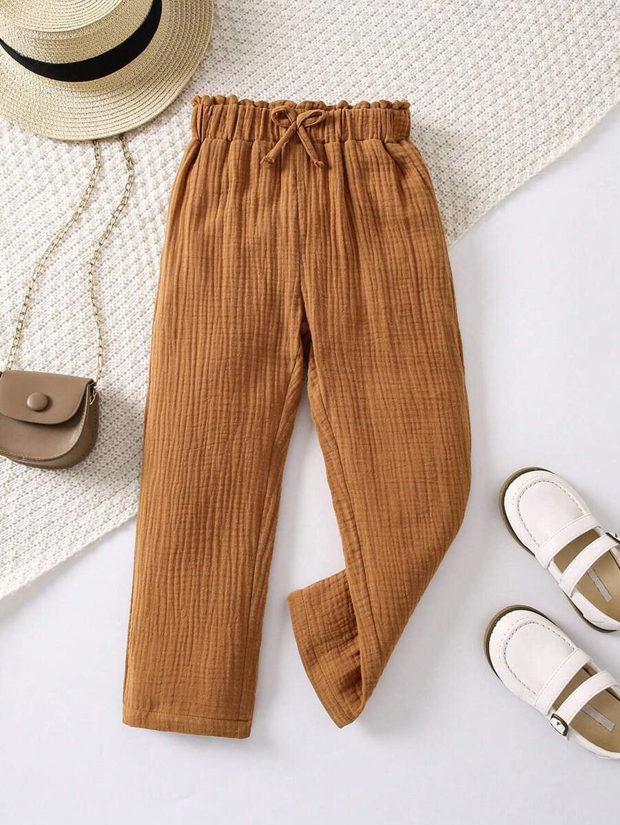 SHEIN 女小童紙袋腰前打結長褲 - 棕色 - 查看 1