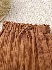 SHEIN 女小童紙袋腰前打結長褲 - 棕色 - 查看 3