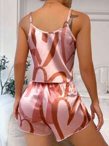 Conjunto de pijama de top de camiseta y pantalones cortos de satén con estampado de corazón - Rosa coral - Ver 2
