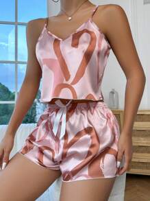 Conjunto de pijama de top de camiseta y pantalones cortos de satén con estampado de corazón - Rosa coral - Ver 4