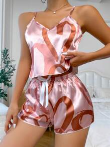 Conjunto de pijama de top de camiseta y pantalones cortos de satén con estampado de corazón - Rosa coral - Ver 5