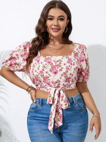 SHEIN Holidaya 大碼印花前打結短款襯衫 - 彩色 - 查看 1