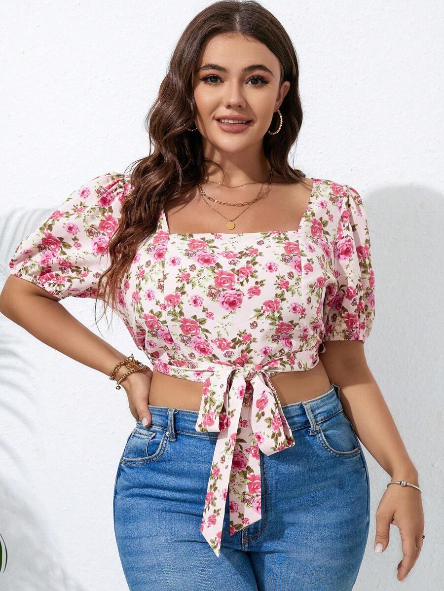 SHEIN Holidaya 大碼印花前打結短款襯衫 - 彩色 - 查看 1
