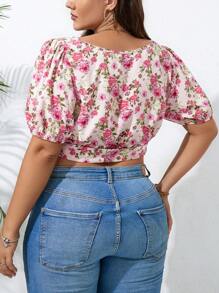 SHEIN Holidaya 大碼印花前打結短款襯衫 - 彩色 - 查看 2